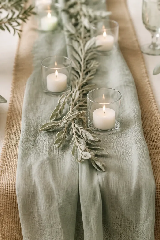 A cream tablecloth with a sage overlay runner placed on top of a burlap strip. Candles sit on the burlap in glass holders, and dried sage sprigs are tucked between.