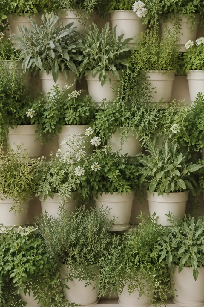 A backdrop wall built from potted herbs and greenery in cream pots. Sage green stems fill the upper sections, with small cream florals tucked between pots.