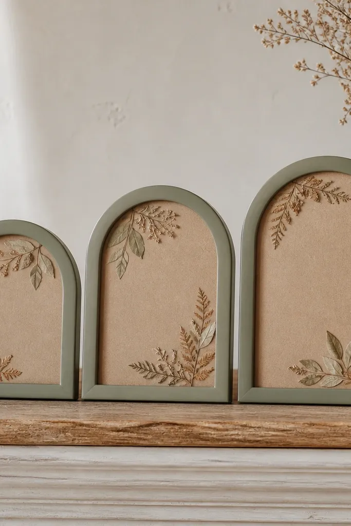 Three framed signs: small round-top frames with sage green borders, each backed with kraft paper. Handwritten text sits centered, with simple dried leaf decorations at the corners.