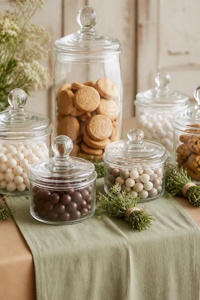 A candy table with kraft paper wrapping and a sage green runner. Glass jars hold cookies and candies, and small tied herb bundles sit next to the jars.