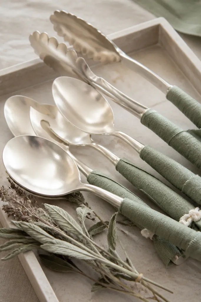 Serving tongs and spoons laid on a tray. The handles are wrapped in sage green linen ribbon with a small cream knot, and a dried sage sprig sits at the corner of the tray.