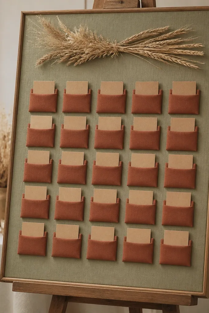 An escort card board with a sage fabric backing and rust-colored fabric pockets. Each pocket holds a small kraft card with names, and a dried wheat sprig decorates the top.