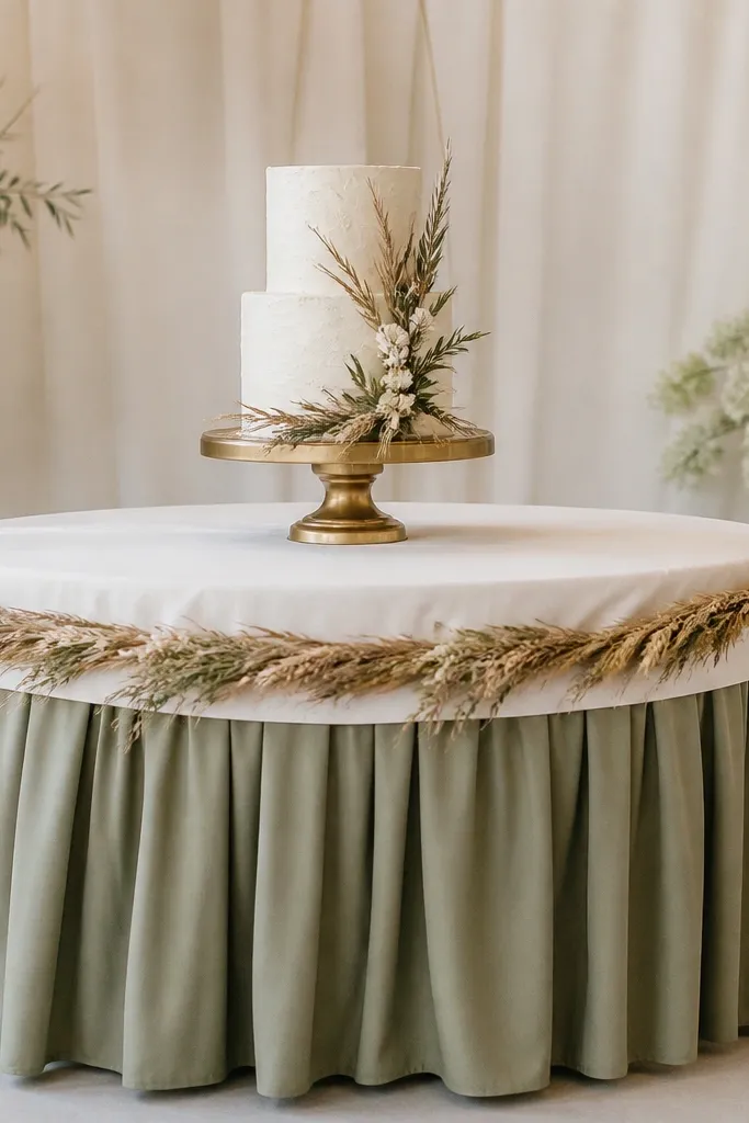 A cake table covered in cream linen with a sage green skirting. A wheat garland runs along the front edge, and the cake sits centered on a gold cake stand.