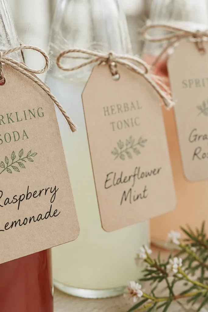 Close-up of bottles with kraft tags tied on using jute twine. The tags have sage green printed headings and the drink names in dark ink.