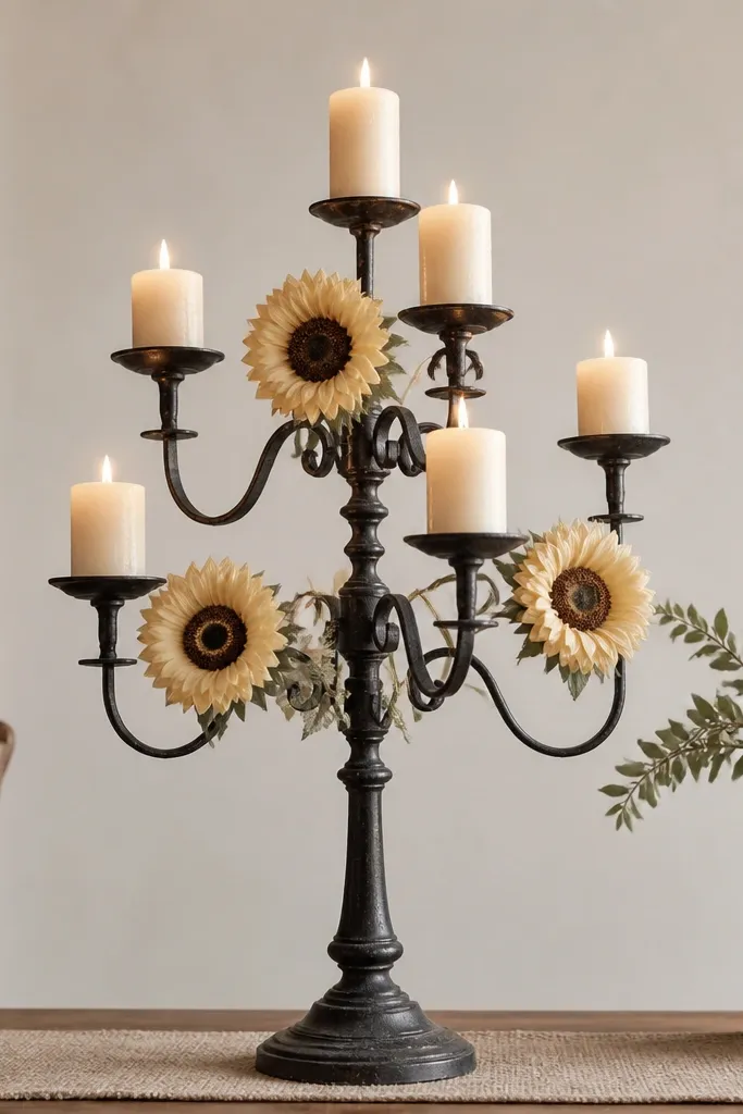 A tall blackened iron candelabra holding multiple pillar candles, with sunflower heads tucked into the iron arms. The candles are warm white and the sunflowers are cream with honey centers. A strip of burlap-linen blend runs along the base table edge.