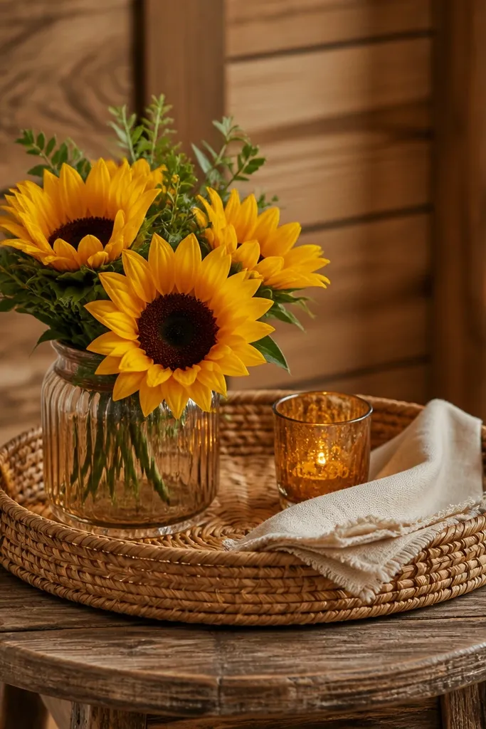 A woven rattan tray on a rustic side table holding a small vase of honey-gold sunflowers, one amber glass votive, and a folded cream napkin. The backdrop is wood paneling and warm string lights.
