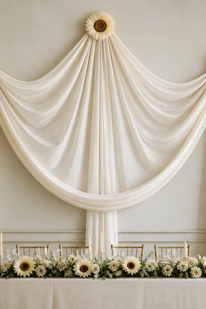 A head table backdrop with a tall cream linen swag draped vertically, ending in sunflower heads at the center and corners. The linen hangs in soft folds, and the sunflowers are cream with honey centers.