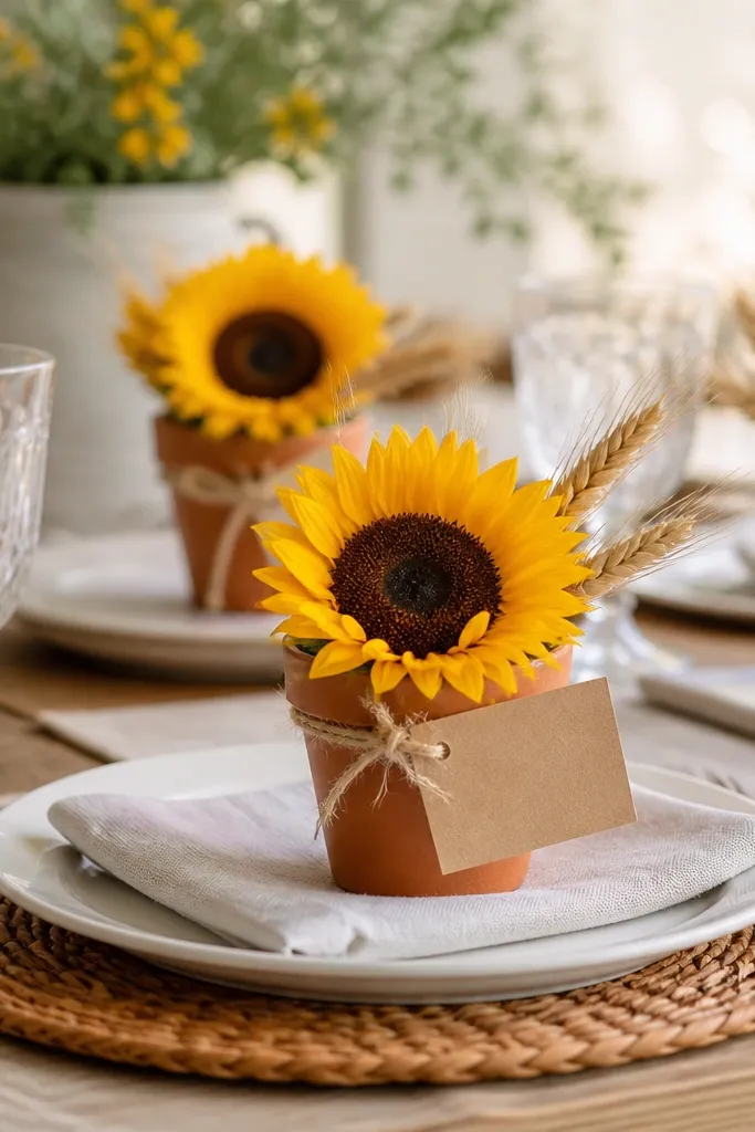 Mini terracotta pots at each place setting, each pot holding one sunflower head and a small sprig of dried wheat. Place cards are tied with twine around the pot rim.