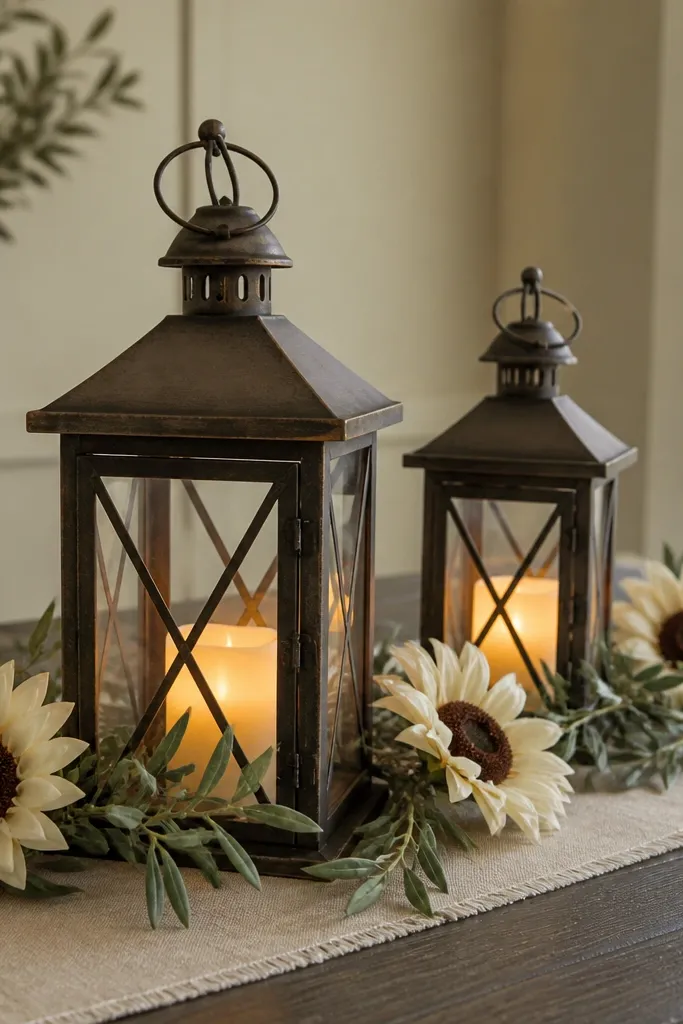 Metal lanterns with warm light inside, each surrounded by a few cream sunflower heads and olive branch sprigs. The lanterns sit on a dark wood table with a linen runner.