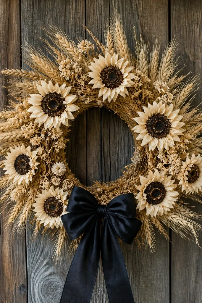 A sunflower wreath hanging on a rough wooden door. The wreath is made of dried wheat and cream sunflowers, with a large black ribbon bow at the bottom.