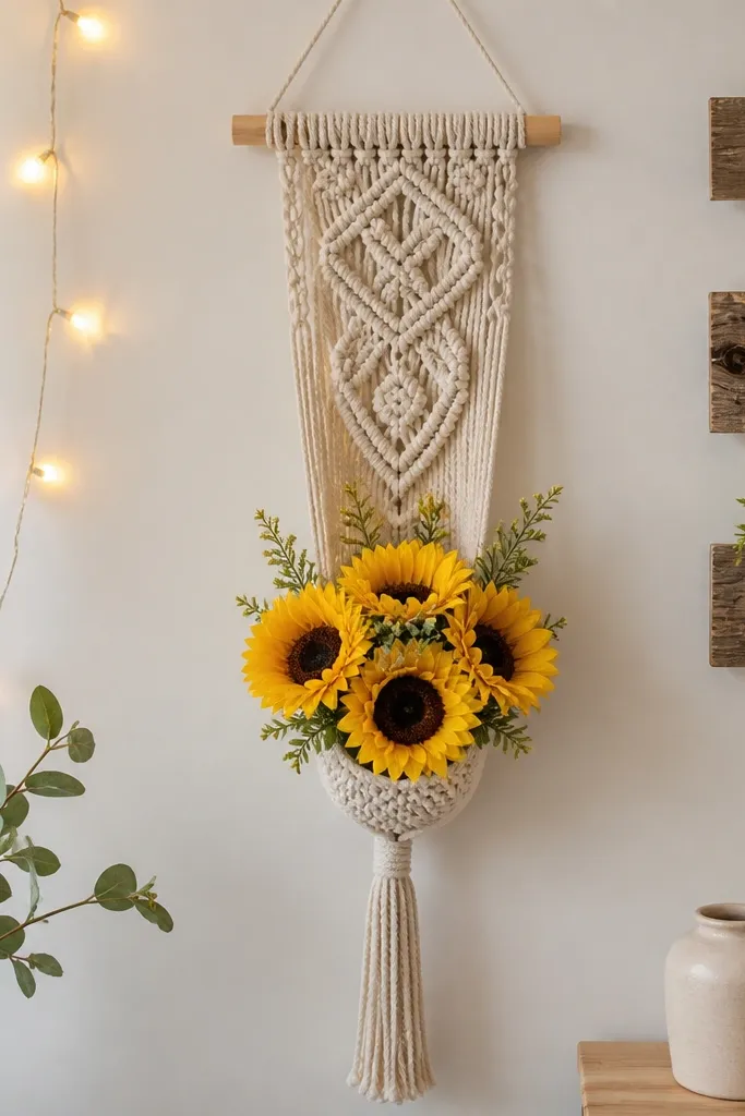 A macrame wall hanger with a neutral rope pattern, holding a faux sunflower cluster at the bottom. The backdrop is a light wall with warm string lights and a small wooden sign nearby.