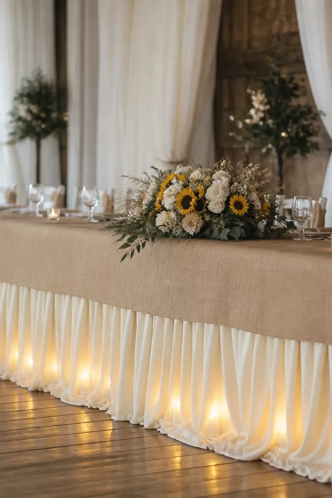A long banquet table covered with a burlap-and-cream table skirt, with a hidden line of warm LED candles along the base. A cream sunflower arrangement sits near the head table center.