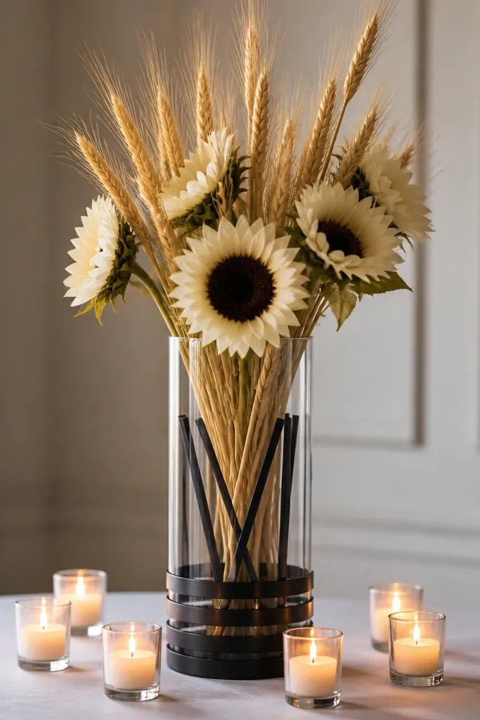 A tall clear cylinder vase with black accents inside, filled with cream sunflowers and wheat. Black ribbon bands wrap the cylinder base, and warm white votives sit around it.