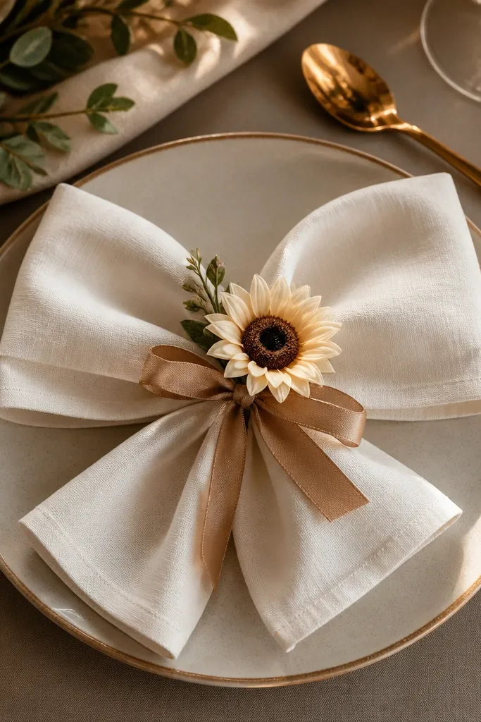 A place setting with a cream linen napkin folded into a bow, tied with tan ribbon. The napkin has a small cream sunflower tucked near the tie, and brass flatware reflects warm light.