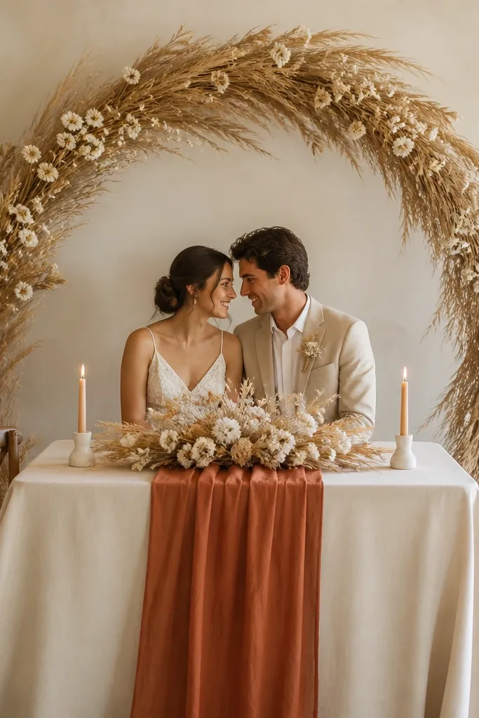 A sweetheart table draped in cream linen with a terracotta cotton runner down the center. A wheat-gold dried garland arches behind the couple, with small cream wildflower buds tucked along the curve. Two short tapered candles sit on matching cream holders, and the chair backs show simple burlap ties.