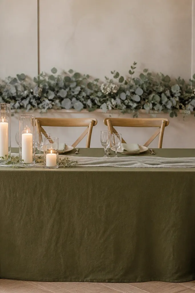 The sweetheart table is covered in olive linen. A sage eucalyptus garland runs horizontally behind the chairs, with soft gray-green leaves and a few pale white filler flowers. The front has a narrow runner and three graduated candle heights.