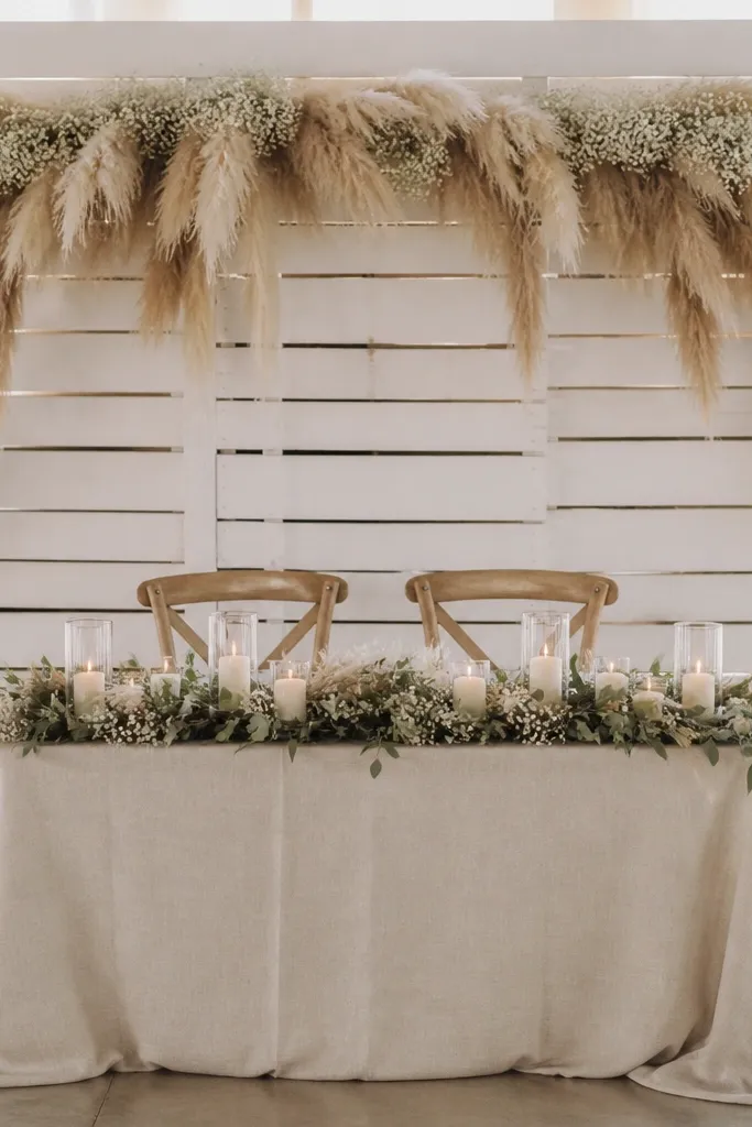A whitewashed pallet backdrop stands behind the sweetheart table. Hanging pampas plumes fall from the top beam in soft curves, with baby's breath tucked at the base. The table has a light oat-colored linen cloth and a long garland across the center with a single row of candles.