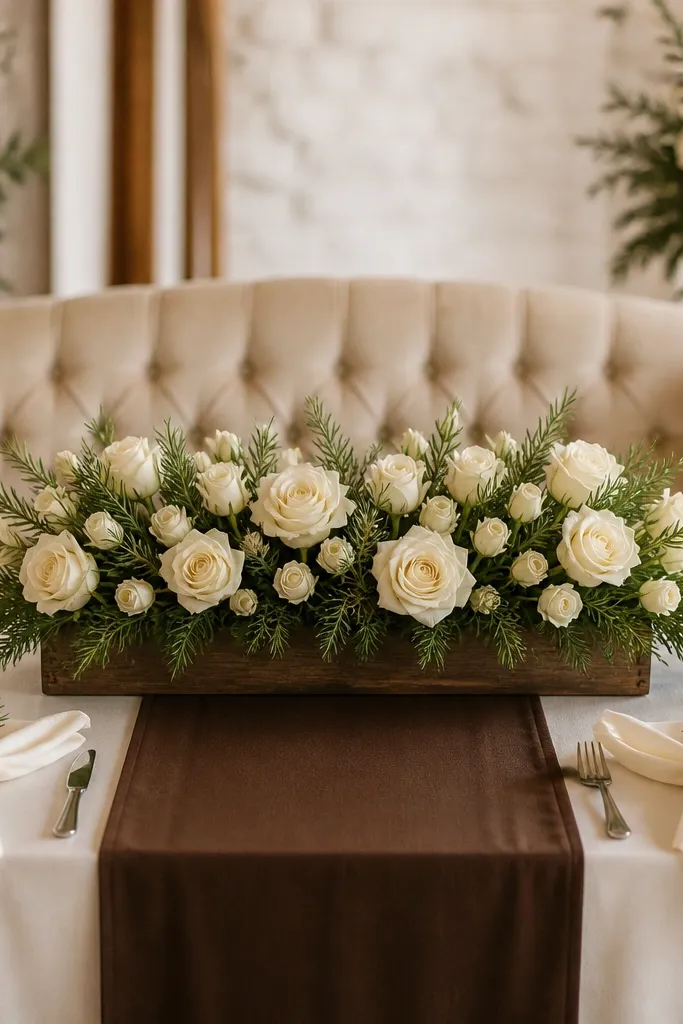 A deep chocolate brown runner runs the length of the sweetheart table. Cream roses and tight buds fill a low wooden trough centerpiece. Rosemary sprigs fan out between blooms, and small cream napkins are folded with rosemary tucked at the knot.