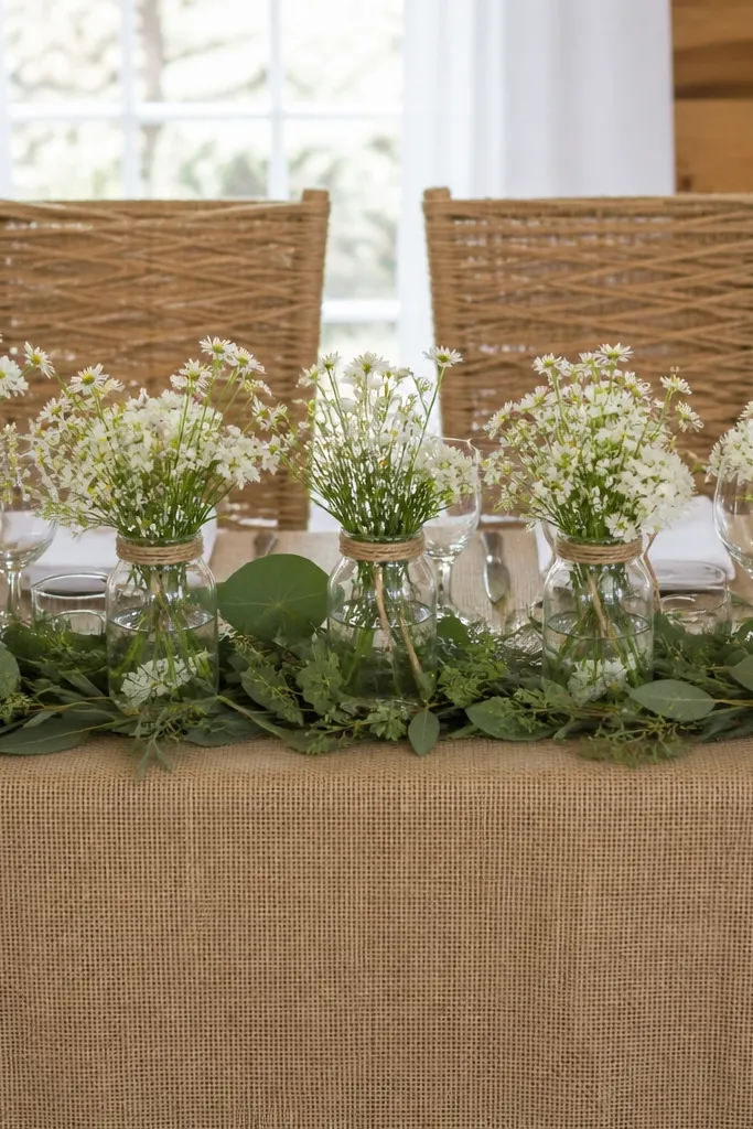 The sweetheart table has a natural burlap base with chair backs wrapped in jute. On the table, several clear glass jars hold small white wildflower mixes. Jute twine wraps around each jar neck, and a single long strip of greenery runs under the jars.