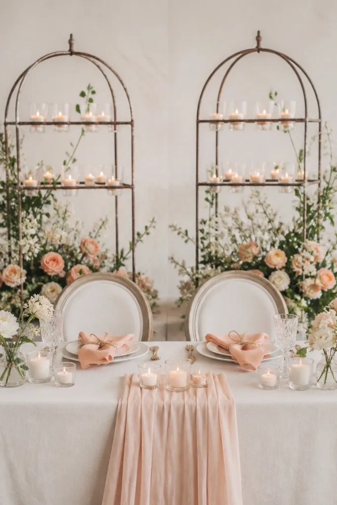 Behind the sweetheart table is a pair of rusty iron candle frames with multiple tiers. Peach garden roses and small cream blooms are tucked into the base of the frames. The table has a soft ivory linen cloth and a short runner, with peach napkins folded and tied with twine.