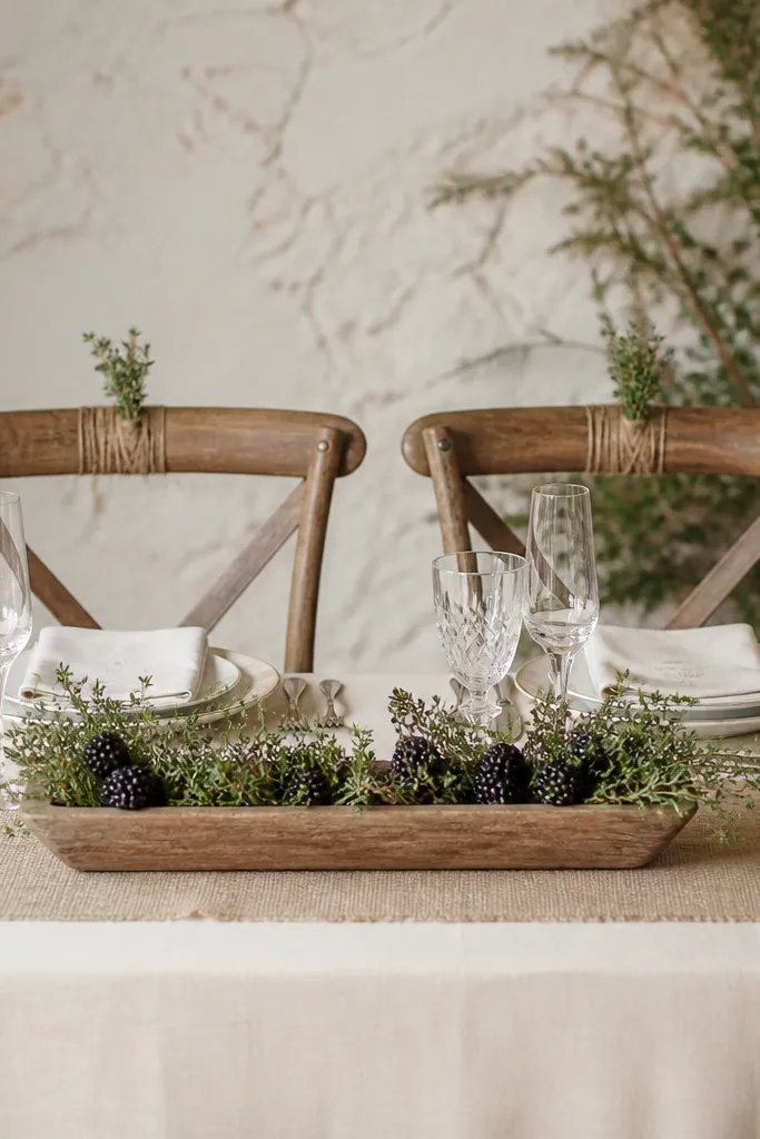 A sweetheart table uses an oatmeal burlap runner with a soft cream tablecloth underneath. Small blackberry clusters and thyme sprigs are tucked into a low wooden tray centerpiece. The chair backs have simple twine wraps and a small sprig of thyme pinned at the top.