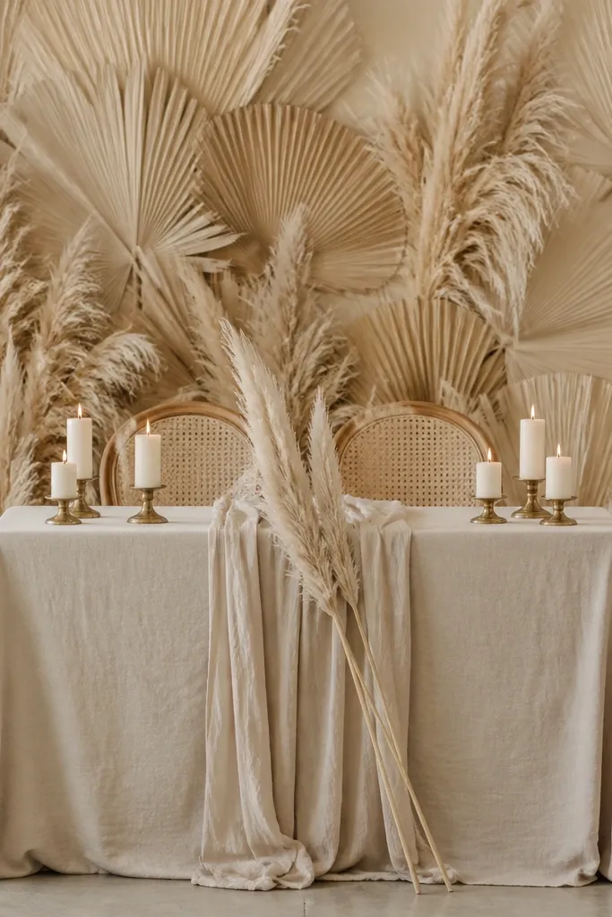 A monochrome beige backdrop made from dried palm fans and pampas plumes. The sweetheart table has a light tan linen cloth and a slim beige runner. A few long pampas stalks lean against the center, and small cream candles sit in brass holders.