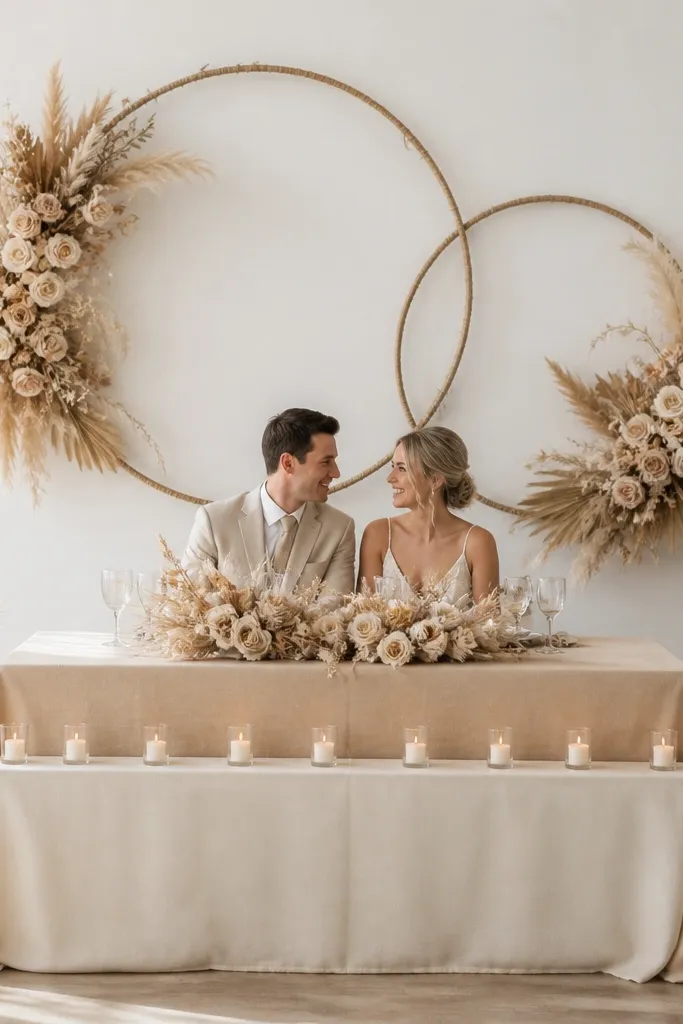 The sweetheart table shows two-tone linen: a light cream base with a deeper sand runner. Two oversized circular hoops made from dried stems hang behind the couple, one larger and one smaller. The hoops are filled with dried flowers in beige and soft tan, and the table front has a single row of low votives.