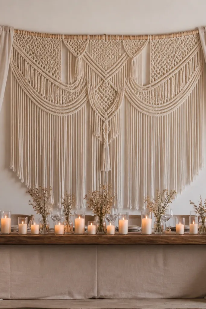 A large off-white macramé wall hanging centered behind the head table, with soft linen draping down the sides; a row of warm candles and small dried stems sit on a long wood slab.