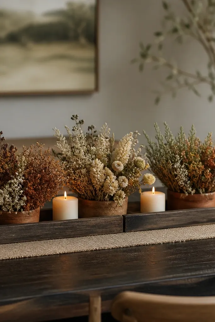 Low rectangular trays made from dark wood hold three clusters of dried flowers in terracotta and olive, with short pillar candles spaced between the clusters; a thin strip of burlap runs under the trays.