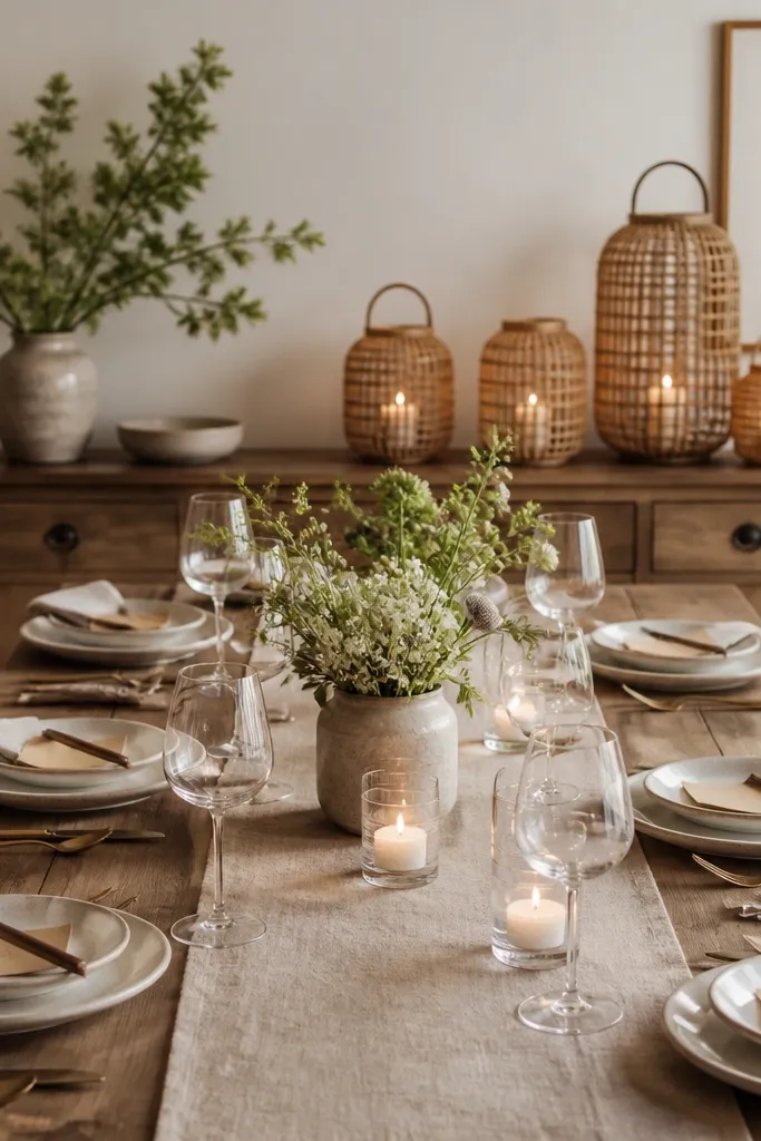 Small rattan lanterns in two sizes line a sideboard, and kraft paper place cards with a dark brown calligraphy pen sit at each setting; a narrow runner of linen runs down the table.