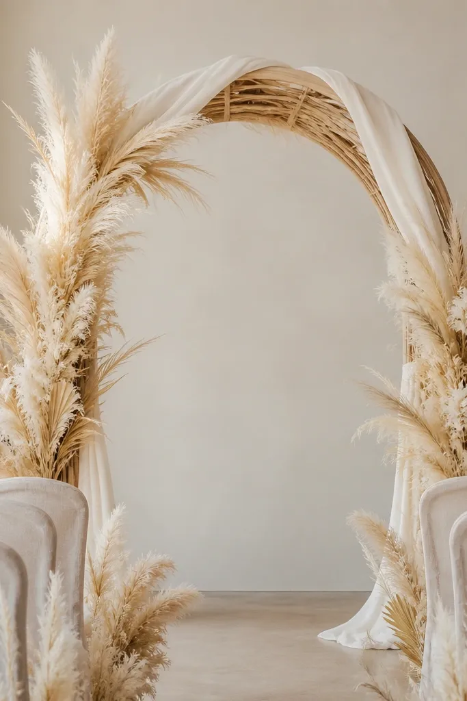 A tall rattan arch wrapped with cream fabric, filled with dried pampas plumes in off-white and beige, plus a few feather-like dried elements; the arch stands behind chairs covered in neutral fabric.