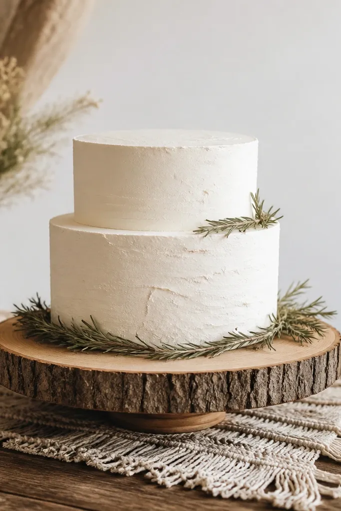 A round wood slice cake stand on a table draped with a small macramé runner, with a simple two-tier cake and a few sprigs of dried rosemary around the base.