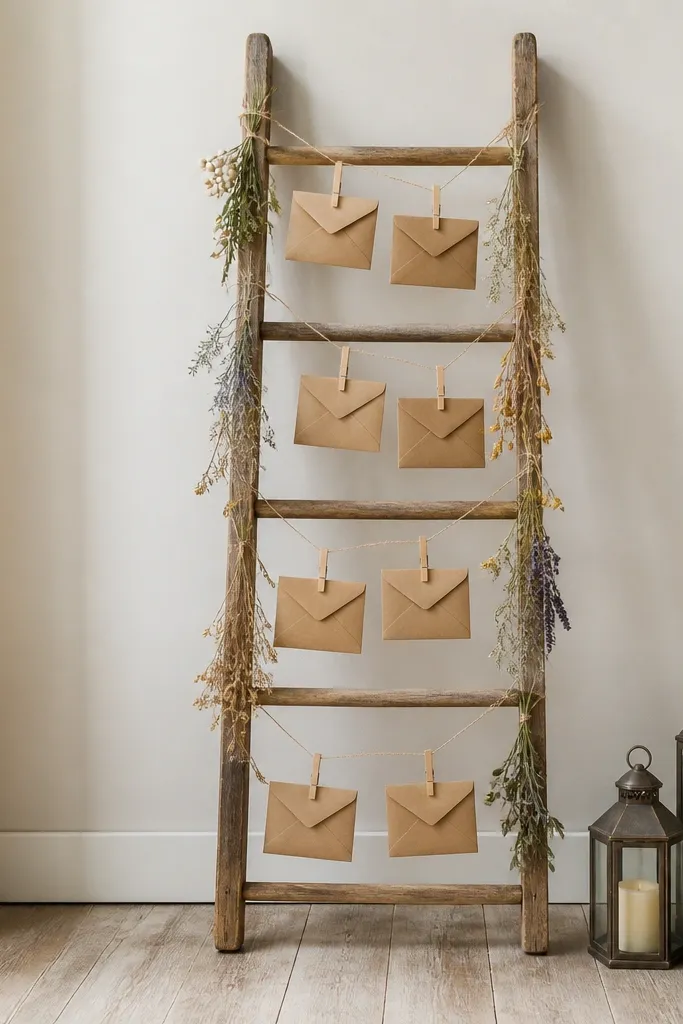 A simple wooden ladder leaned against a wall, with small kraft envelopes clipped to rungs by twine, and dried wildflower strings draped between rungs; a few lanterns sit at the base.