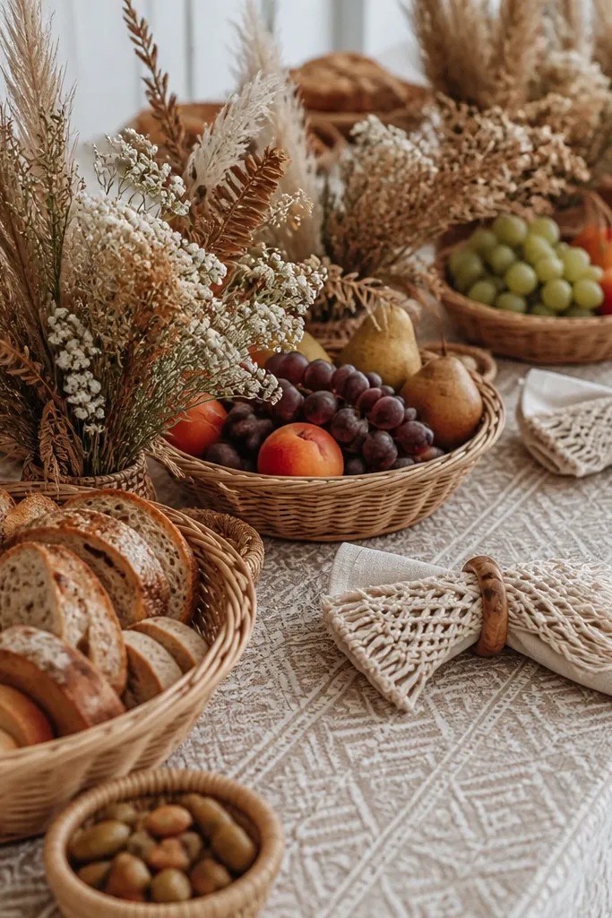 A long grazing table covered with a patterned neutral cloth, multiple woven baskets filled with bread and fruit, and low dried flower arrangements placed between baskets; a few macramé napkin holders sit nearby.