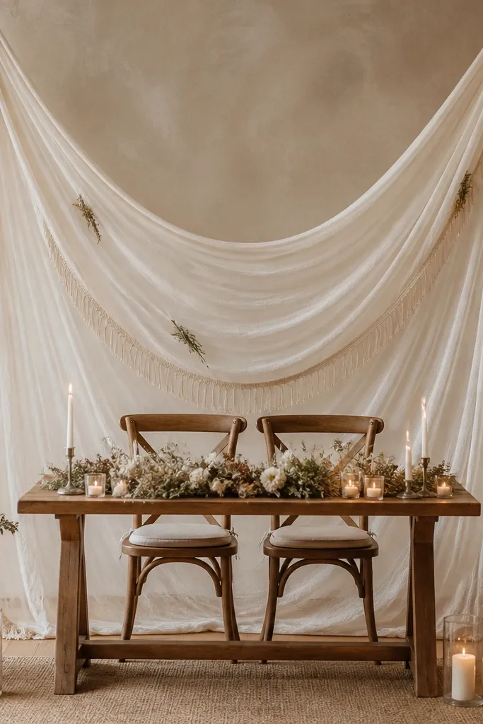 A sheer cream fabric canopy with fringe edges hangs behind the sweetheart table, with small dried sprigs tucked into the drape; the table has simple wood and candles.