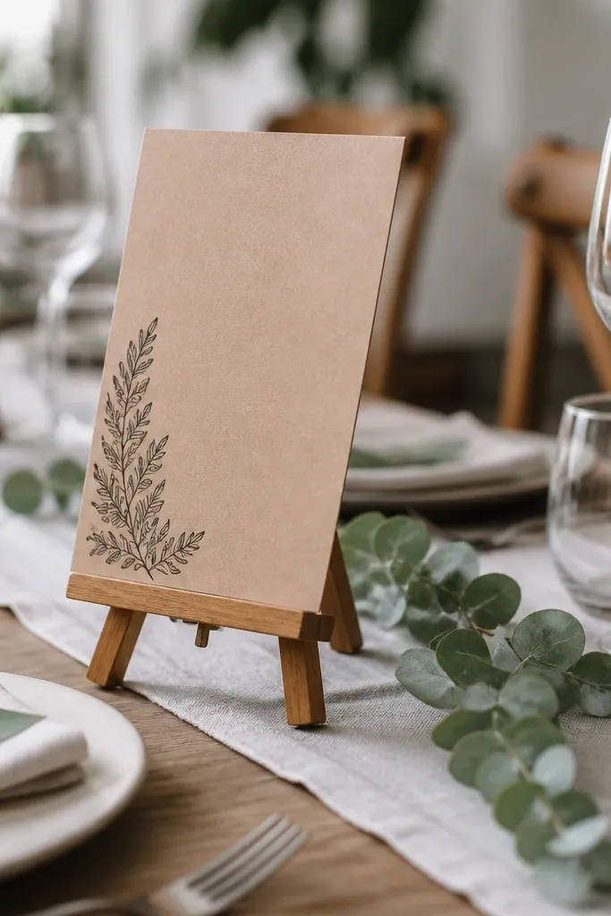 Kraft paper menus printed in dark ink sit on small wood easels at each place setting; a few eucalyptus sprigs sit beside the easels on a linen runner.