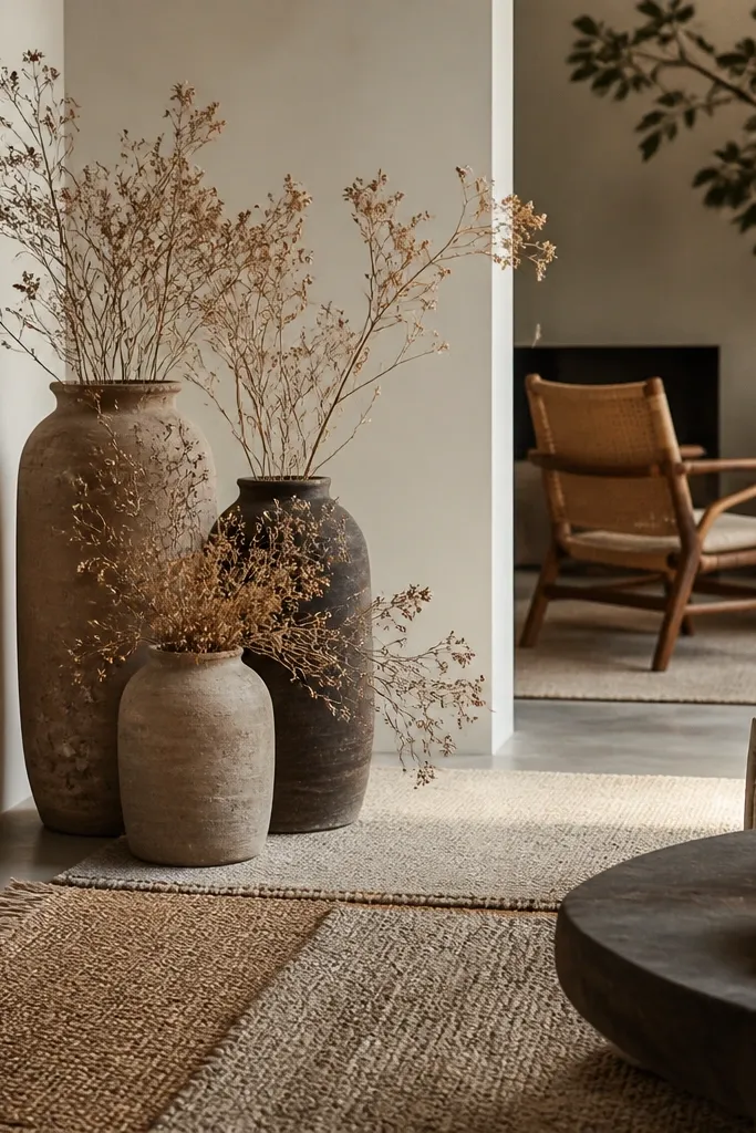 A lounge area with layered neutral rugs, a cluster of floor vases in varying heights, and low dried stems spilling gently over the vase rims; a few rattan chairs sit nearby.