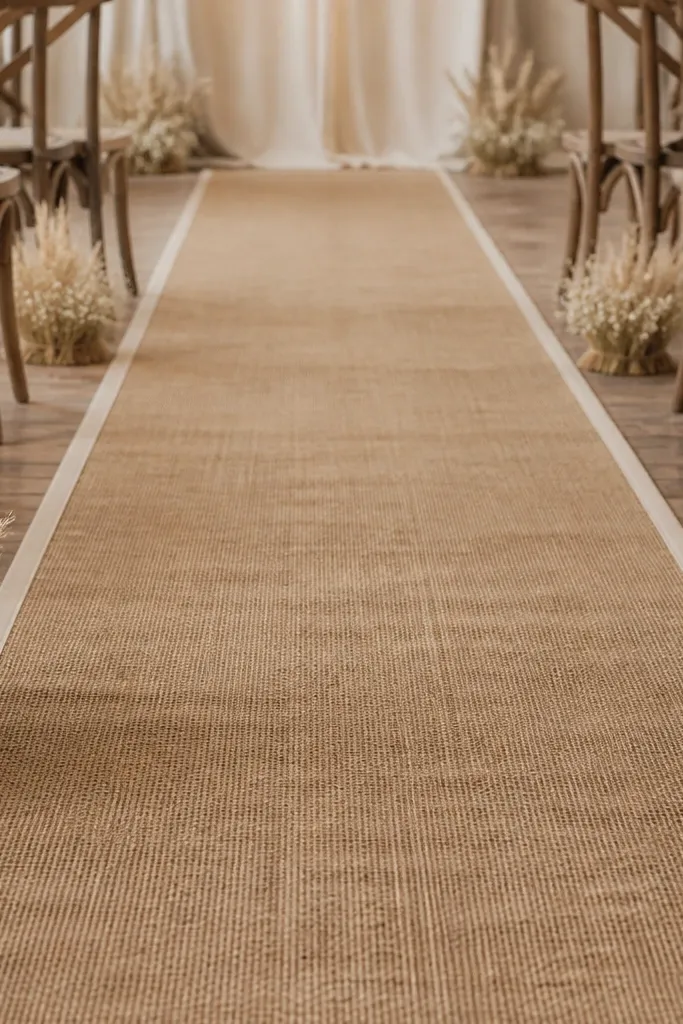 A long burlap aisle runner with a narrow stitched border of cream cotton along both edges. Small clusters of dried wheat and white baby's breath are tucked on the runner near the front.