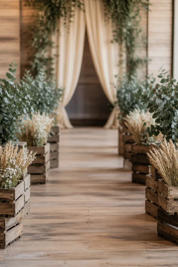 Stacked reclaimed wood crates set along both sides of the aisle, each holding a small arrangement of greenery. In the front crates there are dried wheat and small white flowers; behind them are eucalyptus bundles.