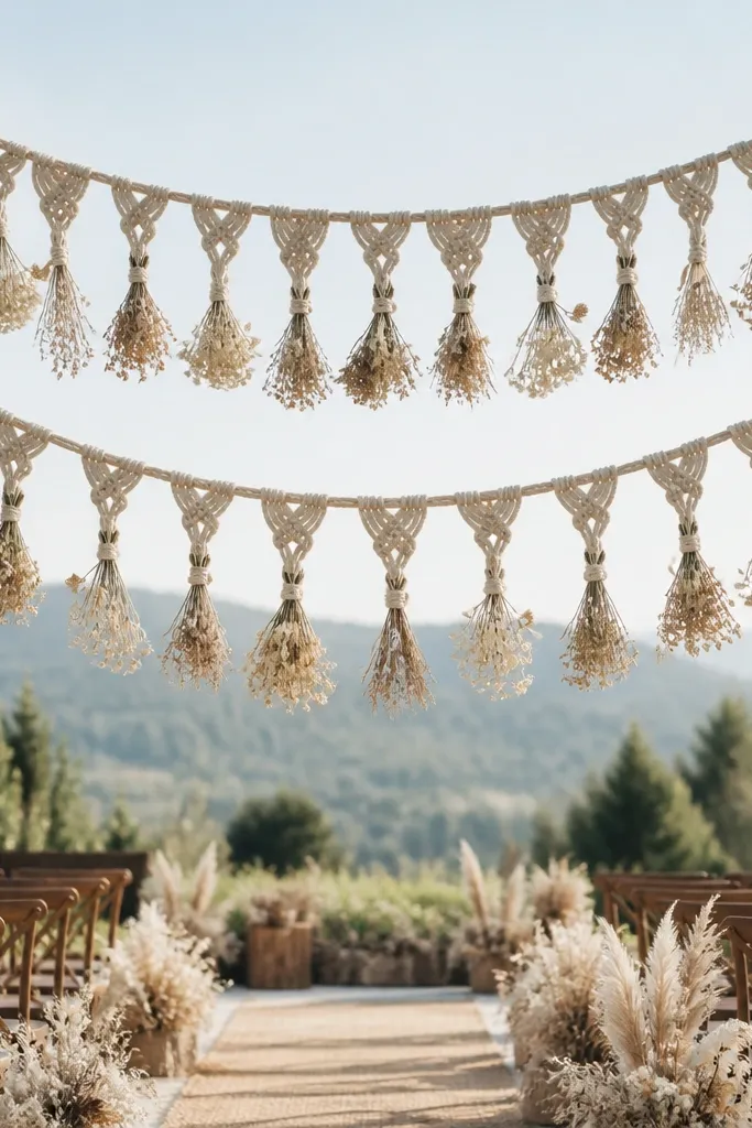 Two macramé garlands hanging from poles above the aisle, each holding small dried bouquets tied to the knots. The knots show natural rope texture; the dried flowers are cream and tan.