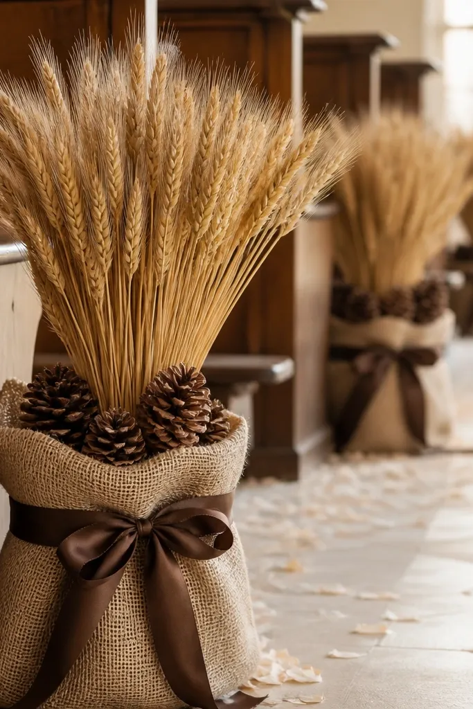 Large bundles of dried wheat tied with twine, paired with pine cones tucked into burlap sacks at the aisle corners. The sacks are tied with thick ribbon in a dark brown tone.