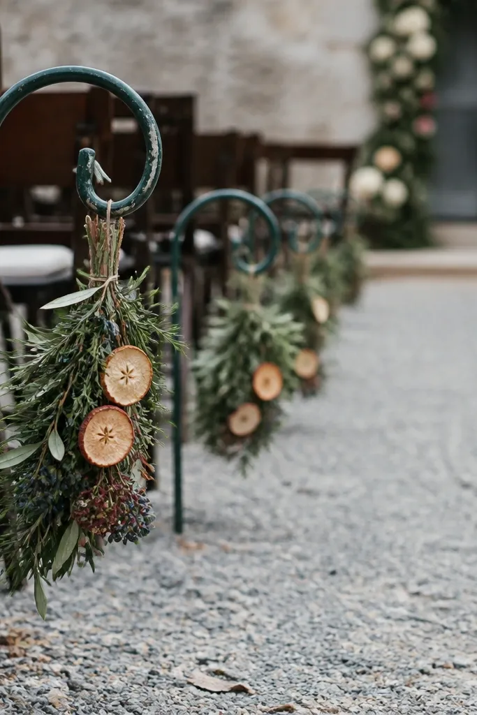 Low shepherd hooks along the aisle holding small swags of greenery with clusters of dried apples and berries. The hooks are painted a weathered dark green; the aisle floor is stone or gravel.