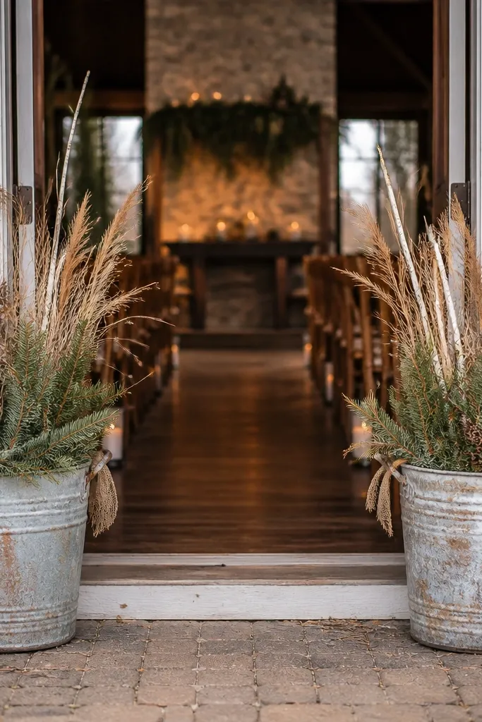 Two old metal wash tubs at the aisle entrance filled with dried grasses, small evergreen clippings, and pine cones. The tubs look scuffed and weathered; burlap ribbon wraps the handles.