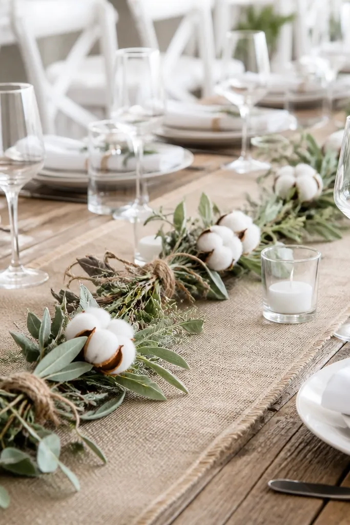 A low garland made of sage-green dried greenery and cream cotton-style blooms placed along the edge of the burlap runner. The garland is tied with thin jute and spaced every few feet.