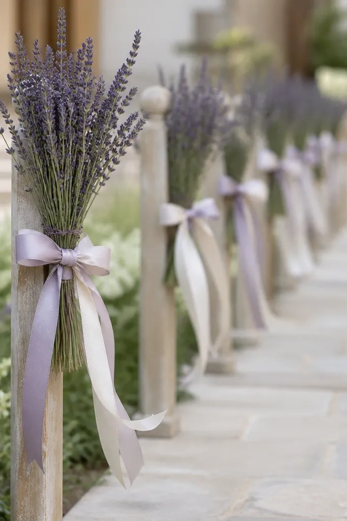 A row of small posts or stakes along the aisle with dried lavender bundles tied in bunches using lavender and cream ribbons. The aisle has a light stone walkway and simple neutral decor.