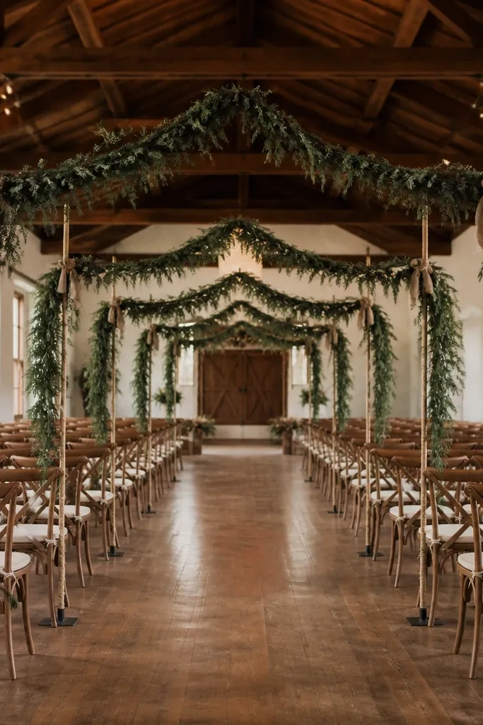 Low arch poles spaced down the aisle with evergreen swags draped between them. Jute ties hold the greens in place, and small burlap bows hang at each pole connection point.