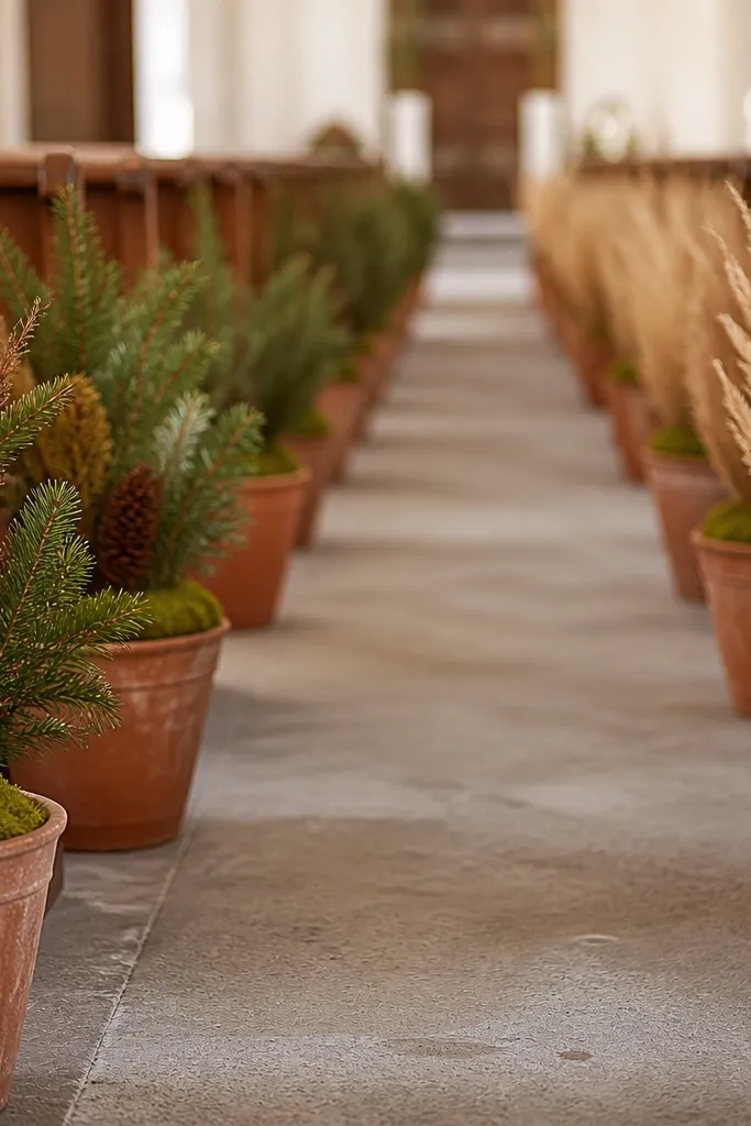 Terracotta pots lining the aisle edges, filled with moss and topped with seasonal stems - in one section you see pale wheat, in another you see evergreen sprigs and pine cones.