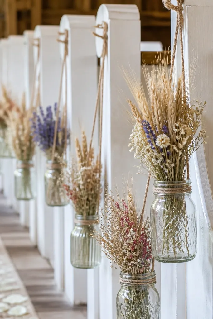 Mason jars hanging by twine from a railing along the aisle, each jar holding a small bouquet of dried flowers and wheat. The jars are varied sizes, but the twine color is the same.