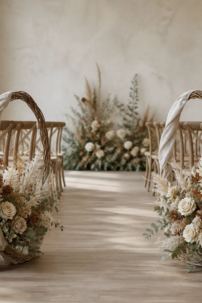 Two woven willow hoops placed upright at the aisle ends, each filled with dried flowers and greenery. The hoops are wrapped with linen ribbon, and the flowers are cream with subtle seasonal accents.