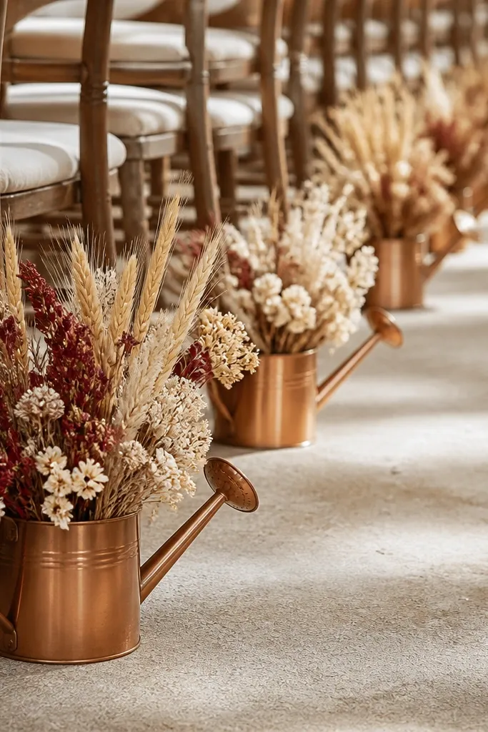 A line of small copper watering cans placed along the aisle edge, each holding dried flowers and wheat. The cans have a soft brushed shine; the flowers are cream and tan with occasional deep red stems.